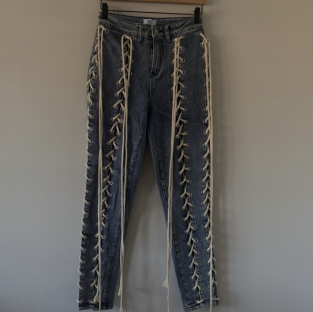 No.1 Los Angeles Euc Laced Tie Up High Waist Stretch Cotton Denim Jeans
